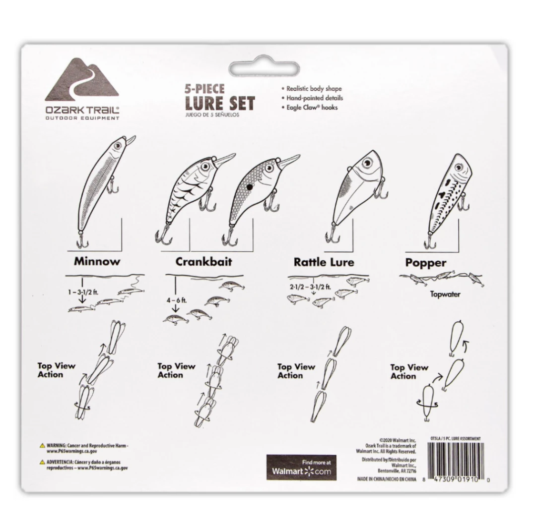 Fillet And Release Fishing Co. All Freshwater Lures Ozark Trail 5-Piece Assorted Fishing Lure Pack